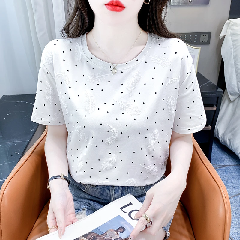 爆款波点印花短袖t恤女2024新款棉质上衣时尚洋气百搭白色体恤ins