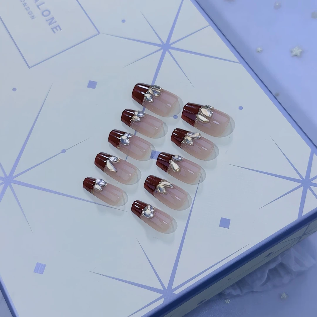 【短T】酒红法式镶钻 穿戴甲满钻美甲可拆卸24片装①
