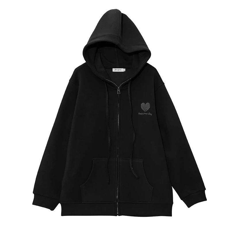 W952防风大外套 宽松爱心刺绣防风卫衣外套冬款保暖长袖上衣