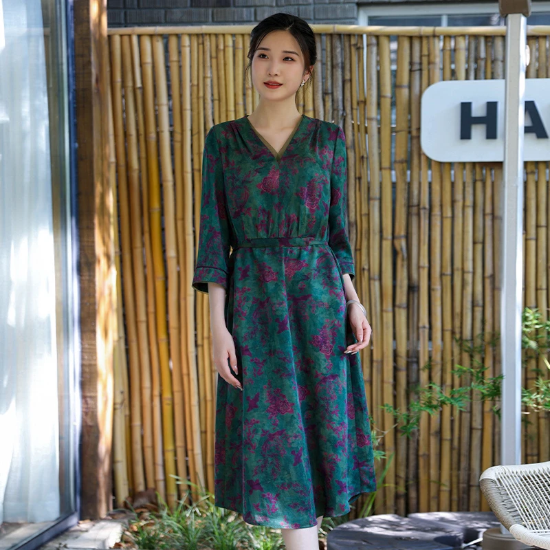 （崔万志旗袍）100分 花罗香云纱 桑蚕丝真丝V领旗袍连衣裙 WZ5989