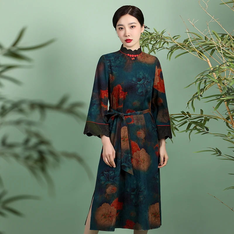 （崔万志优选）100分 绢纺香云纱改良旗袍连衣裙 配腰带 WZ4979
