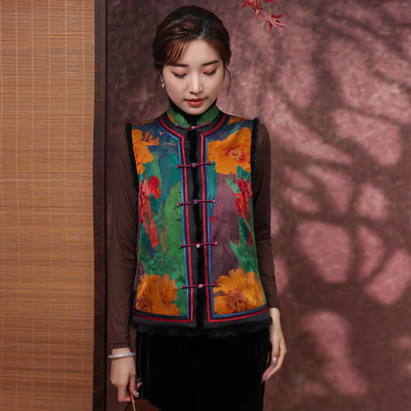 （崔万志国风）100%红云纱 桑蚕丝真丝水貂毛拼接夹棉马甲 WZ6196