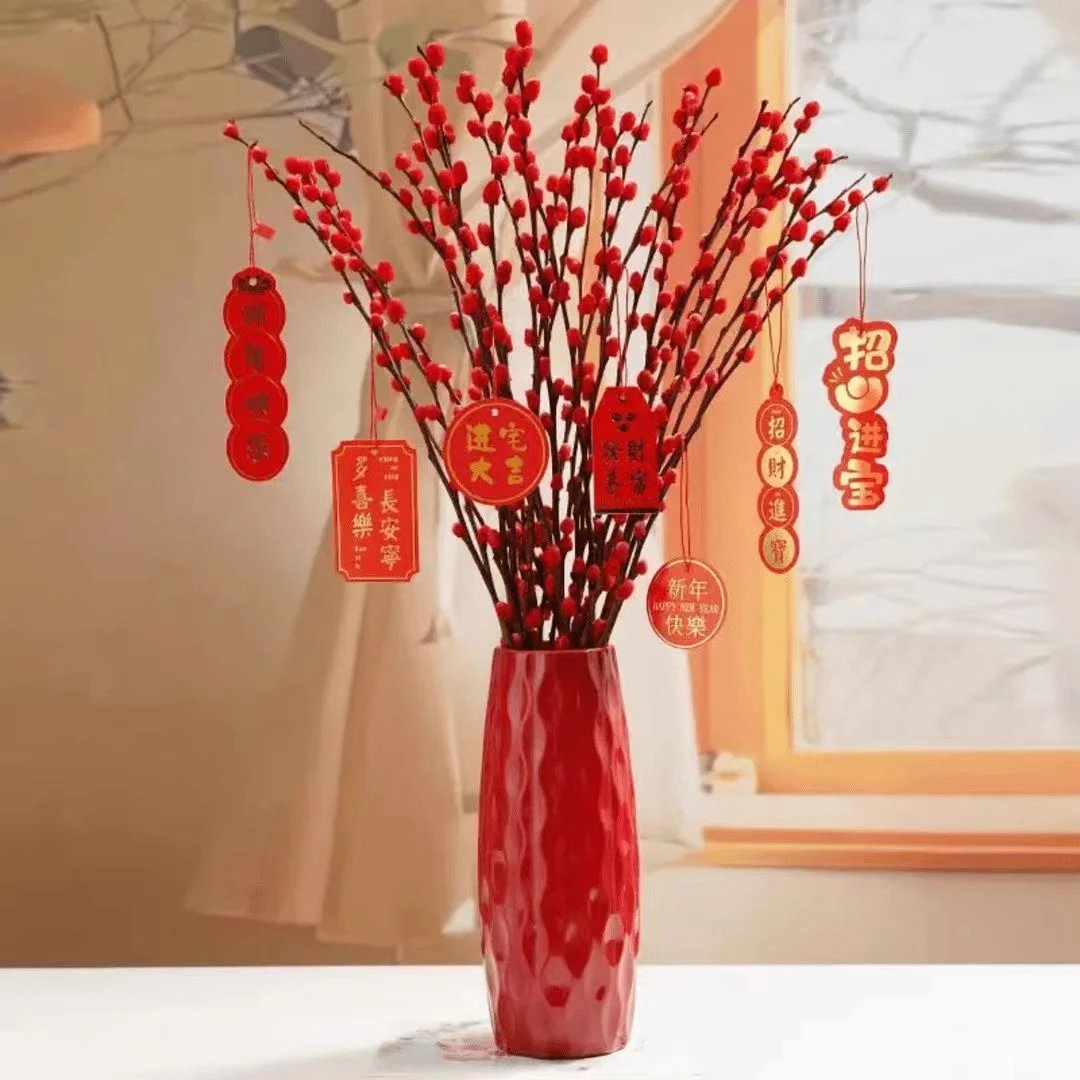【20枝带花盆】红色招财银柳耐寒年宵花水培花卉彩色室内客厅装饰