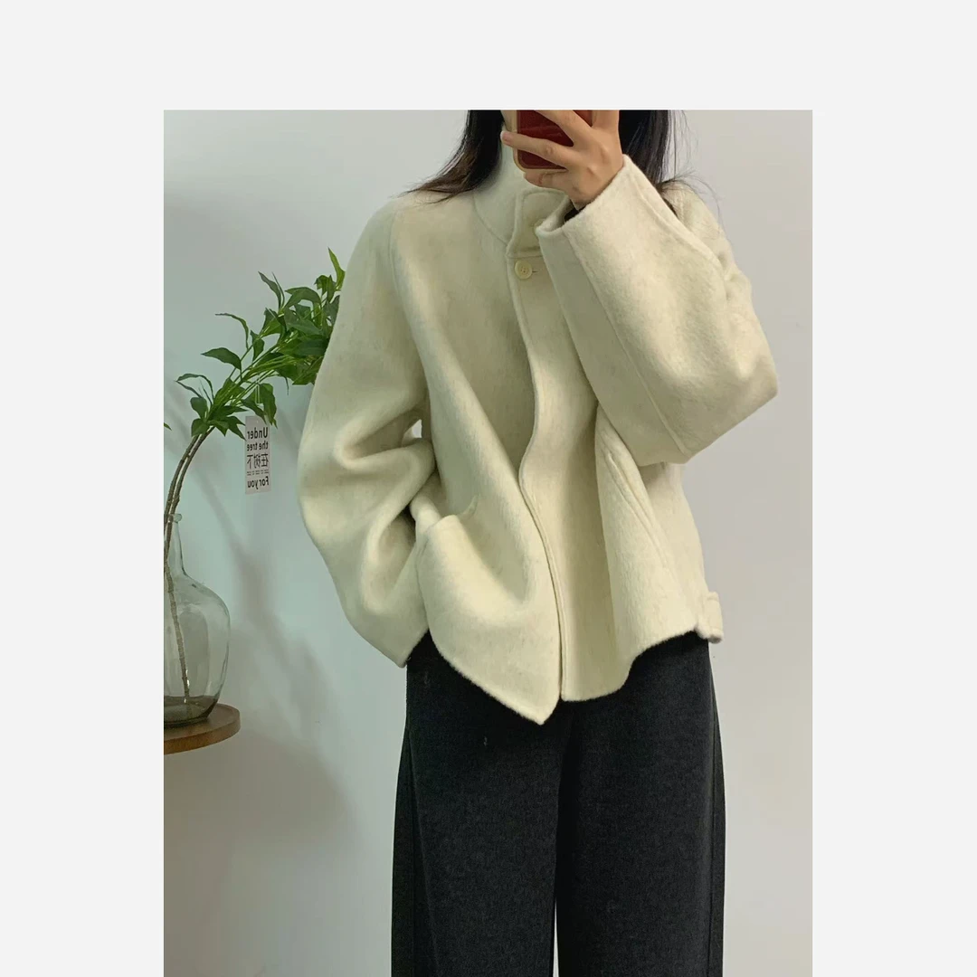 2024秋冬新款双面尼羊毛大衣短款韩系精致小立领