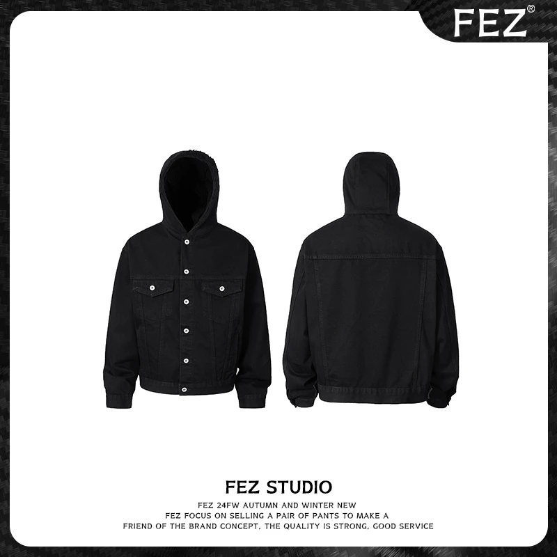 FEZ 牛仔短夹克水洗街头牛仔衣连帽欧美复古牛仔外套