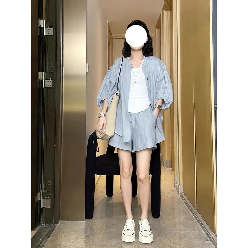 大码女装2024夏季新款时尚宽松蓝色泡泡袖衬衫休闲韩版短裤两件套