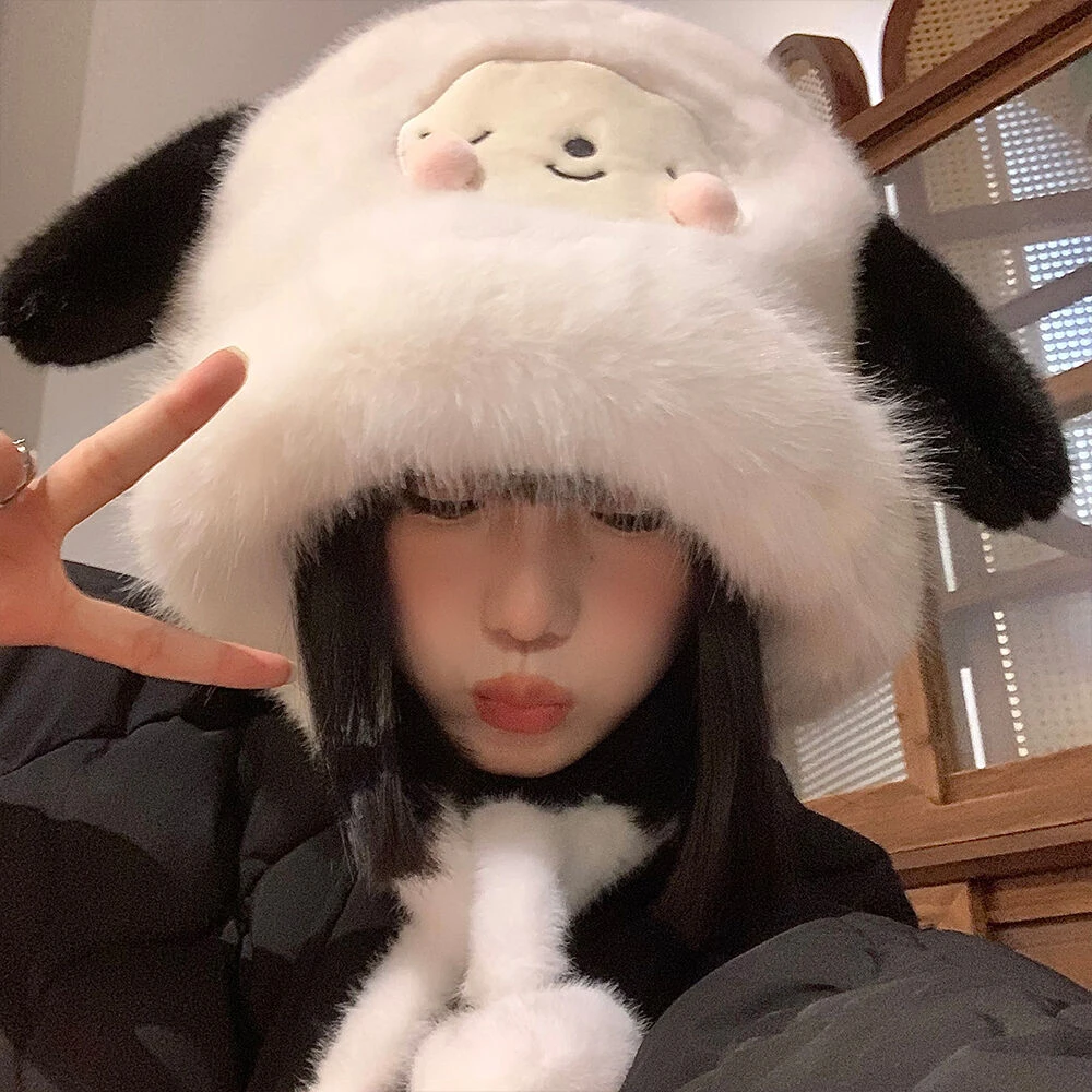 甜美可爱小狗毛绒帽子女秋冬季加厚保暖雷锋帽卡通显脸小护耳帽子