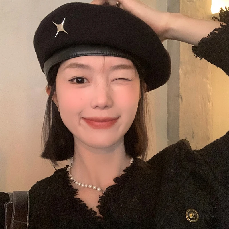 黑色贝雷帽女秋冬季日系星星毛呢百搭显脸小蓓蕾画家帽大头围帽子