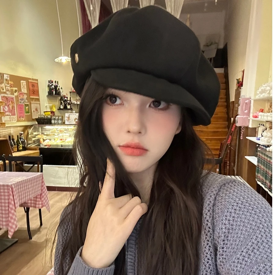 黑色贝雷帽女春秋款韩版百搭显脸小复古蓓蕾八角帽女大头围云朵帽