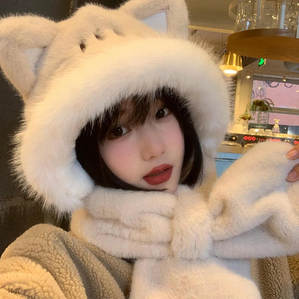狐狸耳朵毛绒帽子围巾一体女秋冬季可爱保暖护耳雷锋帽骑车防寒潮