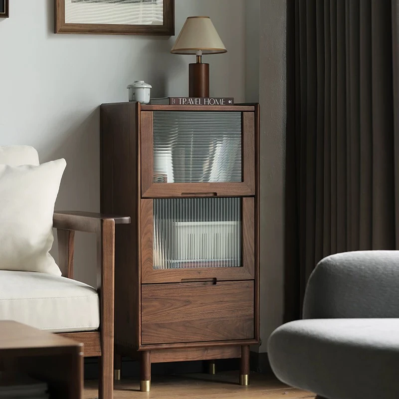 北美中古风黑胡桃木实木书柜北欧书架小户型餐边柜储物柜沙发边柜