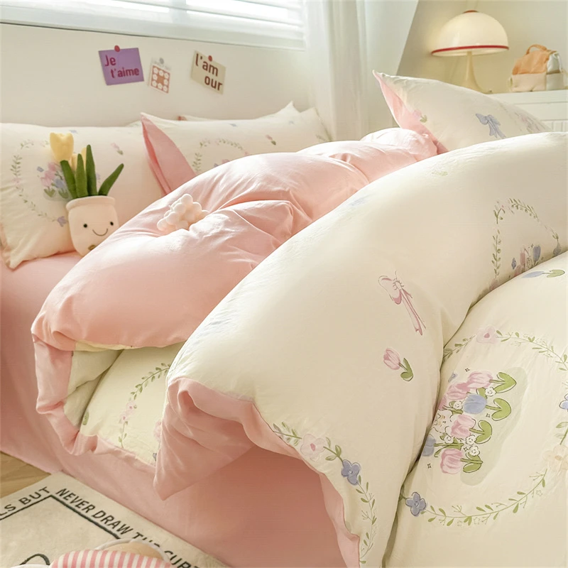 南通家纺田园风水洗棉磨毛绣花四件套轻奢床上用品柔软睡被套床单