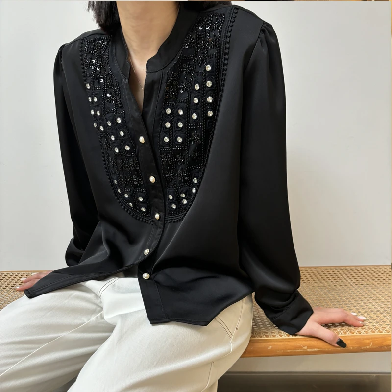 高级轻奢重工镶钻钉珠V领衬衫800477【Q】