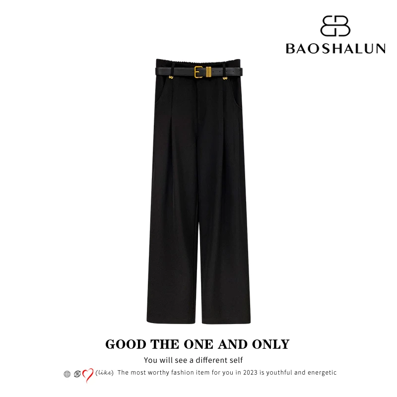 高级设计感时尚高腰显瘦阔腿裤配腰带300701【Q】