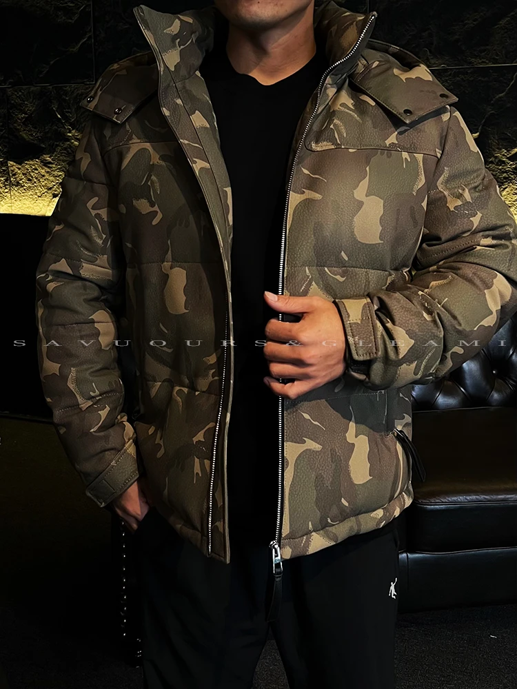 男款休闲迷彩真皮绵羊皮鹅绒服防风连帽加绒冬季保暖8160
