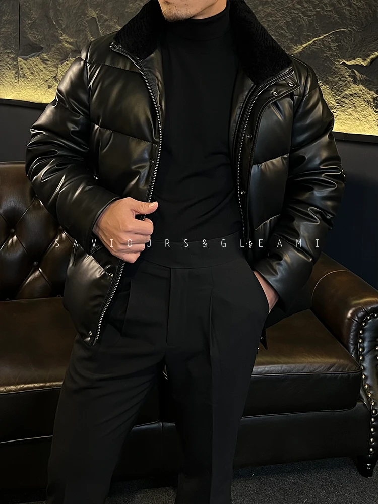 克罗风商场级高定男装真皮连帽可脱卸毛领鹅绒服冬季保暖外套8175