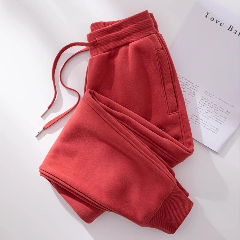 砖红色卫裤女加绒2024新款秋冬休闲加厚运动裤女束脚冬季保暖女裤