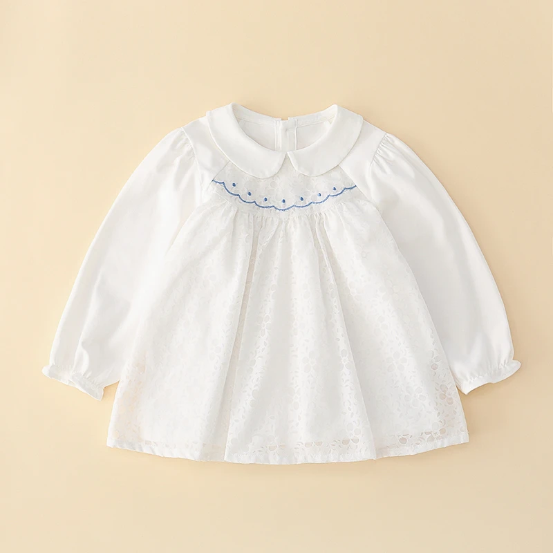 女童春秋洋气宝上衣裙长袖娃娃领白色纯棉假两件小童裙式上衣307
