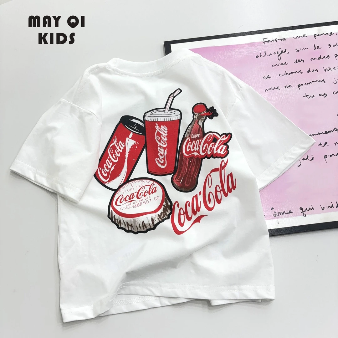 亲子装白色可乐T恤一家三口男女童纯棉半袖潮牌定制