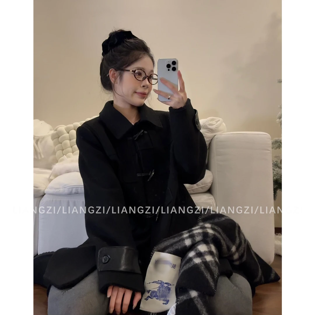 梁子【娜lian同款】加绒加厚中长款牛角扣外套秋冬韩版复古风呢大衣
