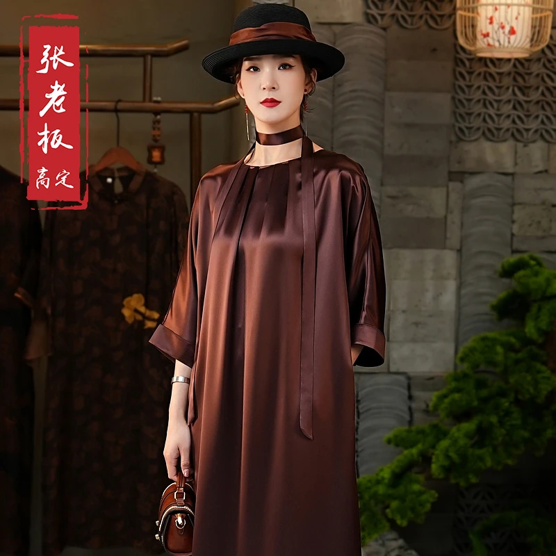 【锦檀】夏季醋酸连衣裙女装新中式国风纯色宽松束腰七分袖连身裙女