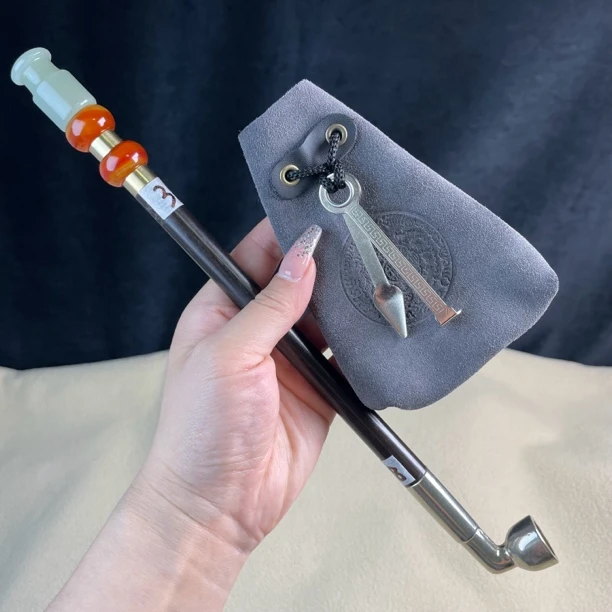 纯手工老式旱烟袋送灰色牛皮包