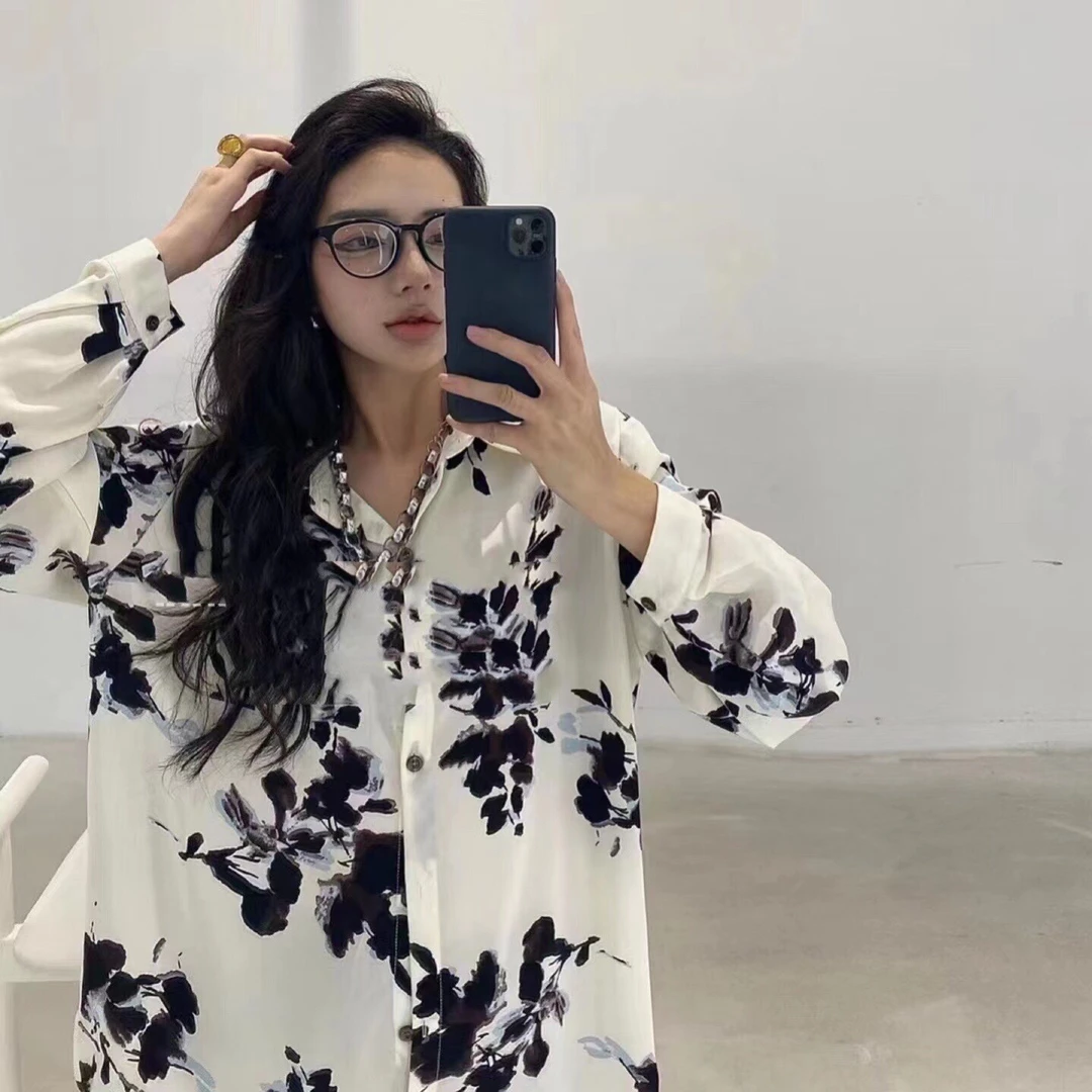 欧美风复古时尚气质宽松长袖花朵衬衫