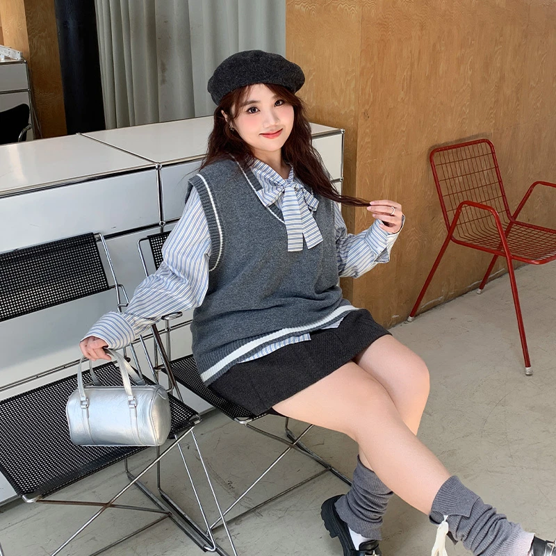 YUZI/鱼子马夹衬衫两件套大码微胖宽松显瘦氛围感蝴蝶结韩系套装