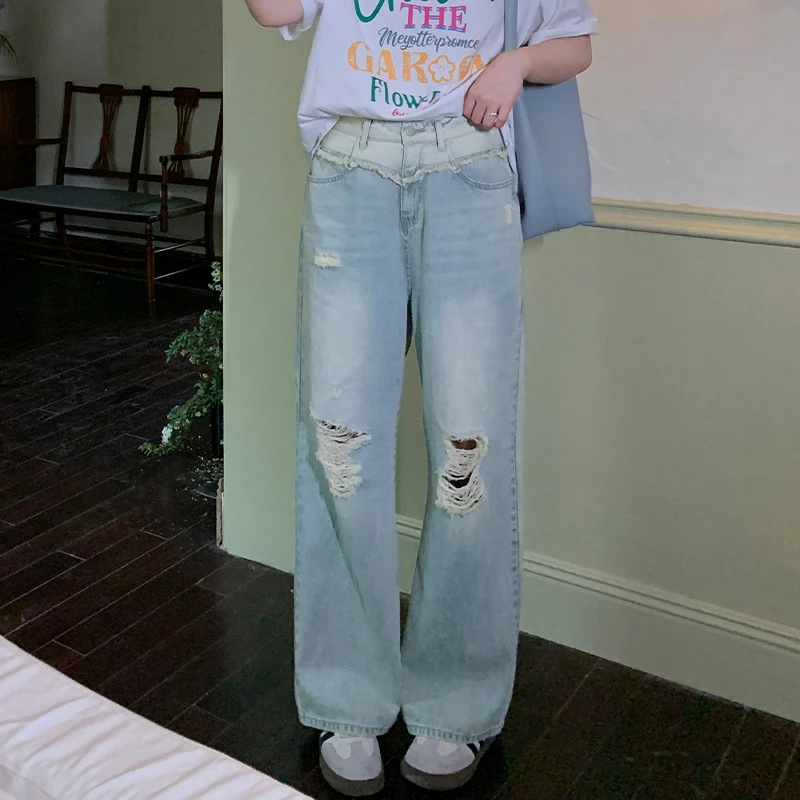 YUZI/鱼子2024夏季新款百搭显瘦薄款韩版设计感破洞宽松牛仔裤