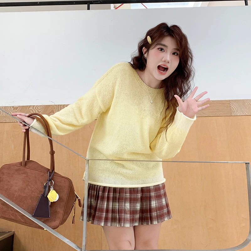 YUZI/鱼子2024秋季大码显瘦针织衫宽松遮肉韩版时尚小众设计款ins