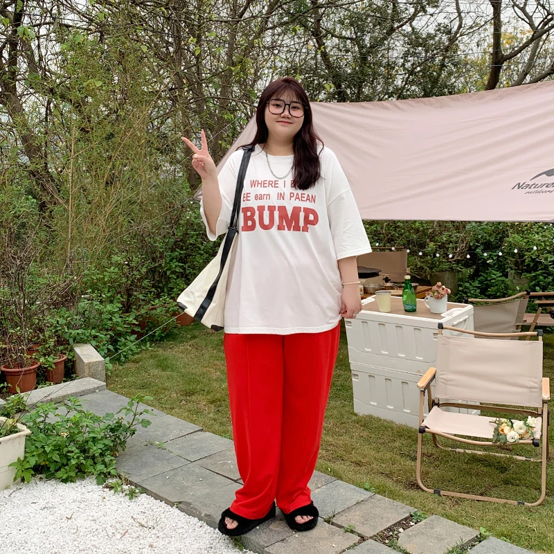 YUZI/鱼子大码胖mm基础字母印花宽松T恤百搭休闲体恤夏季美式时尚