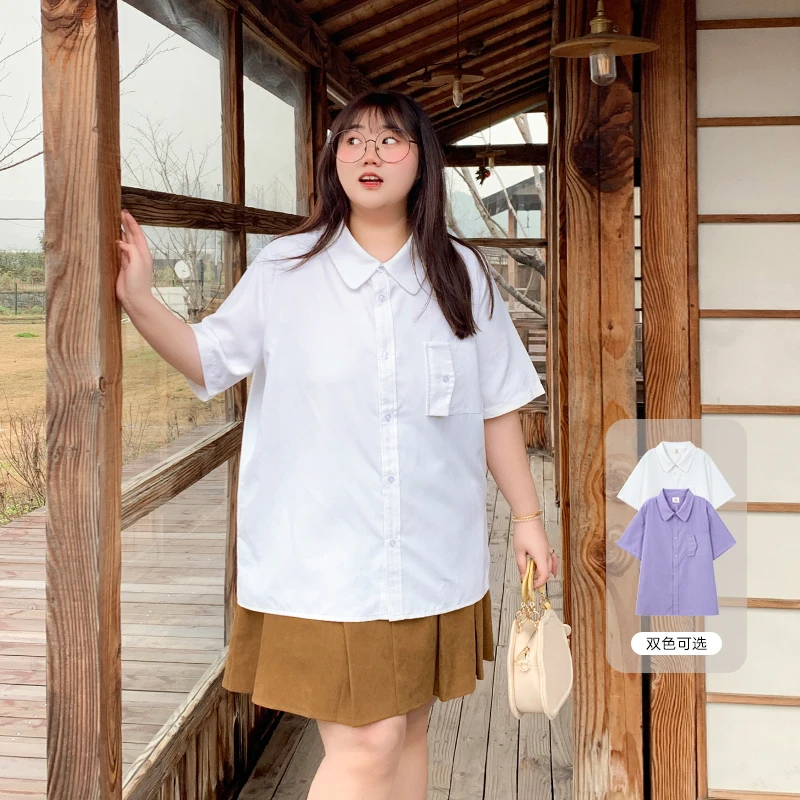 YUZI/鱼子大码多巴胺少女衬衫宽松显瘦百搭胖mm甜美学院风200斤