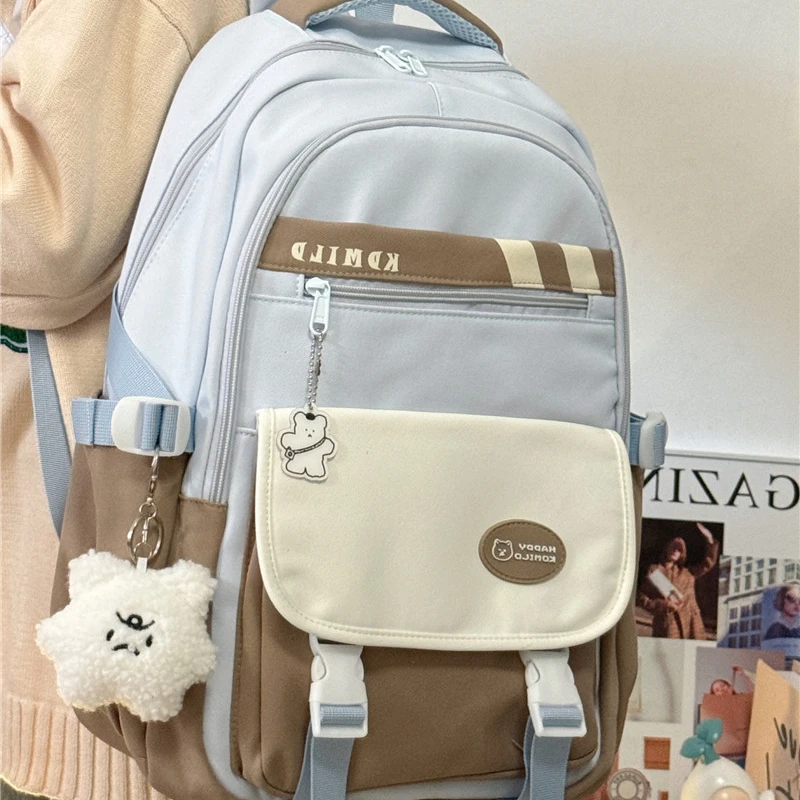 新款书包拼色大容量韩版ins初中生双肩包高颜值休闲宝藏背包