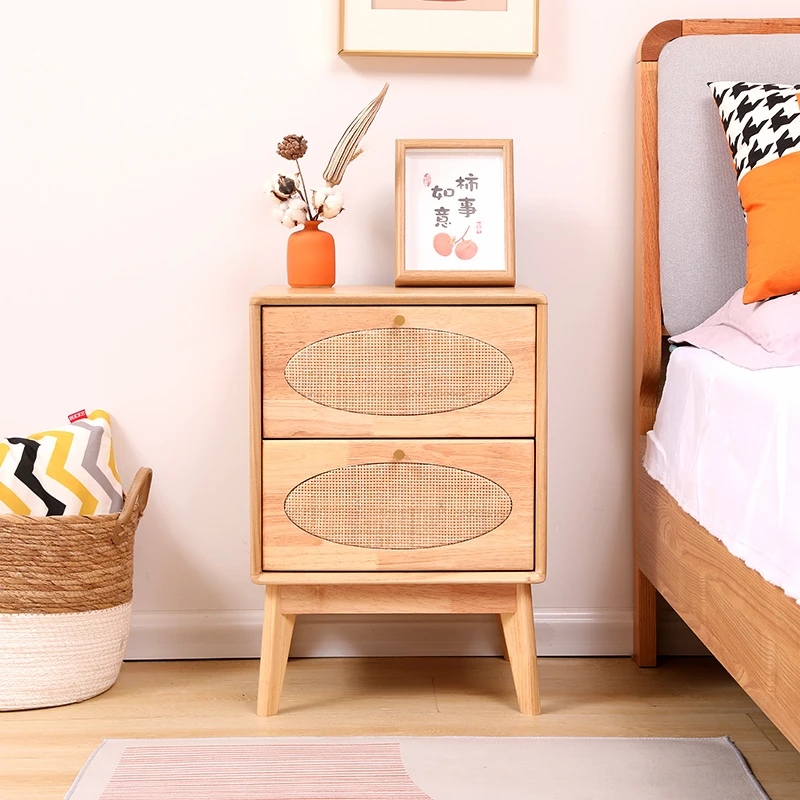 实木床头柜现代简约卧室藤编床边柜北欧抽屉储物柜民宿小型收纳柜