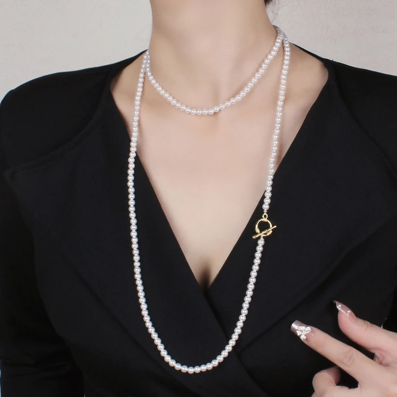 铜仿珍珠项链 珍珠项链女时尚颈链百搭锁骨链小米粒多层长毛衣链