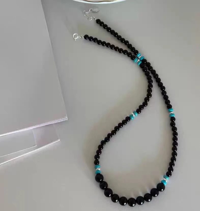 黑玛瑙925纯银串珠子黑珍珠短锁骨项链脖颈链条