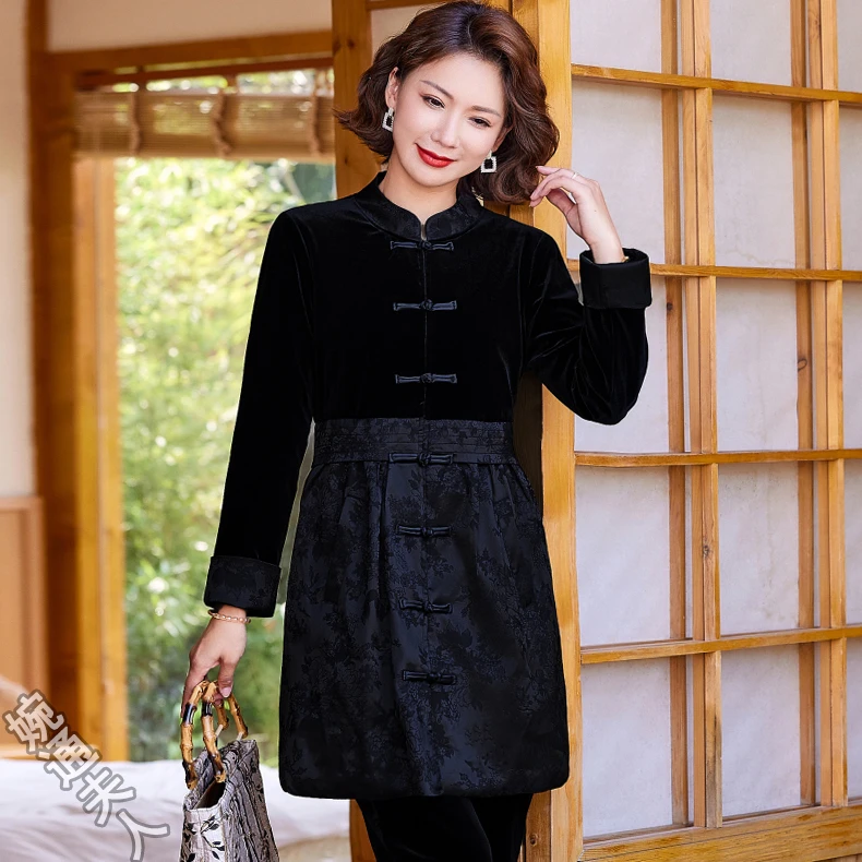 中老年女装秋季新款时尚金丝绒外套复古中国风中长款长袖拼接风衣