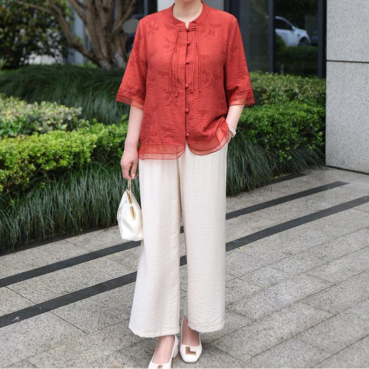 妈妈夏季套装洋气宽松衬衫中式时尚国风上衣T恤小开衫中老年女装