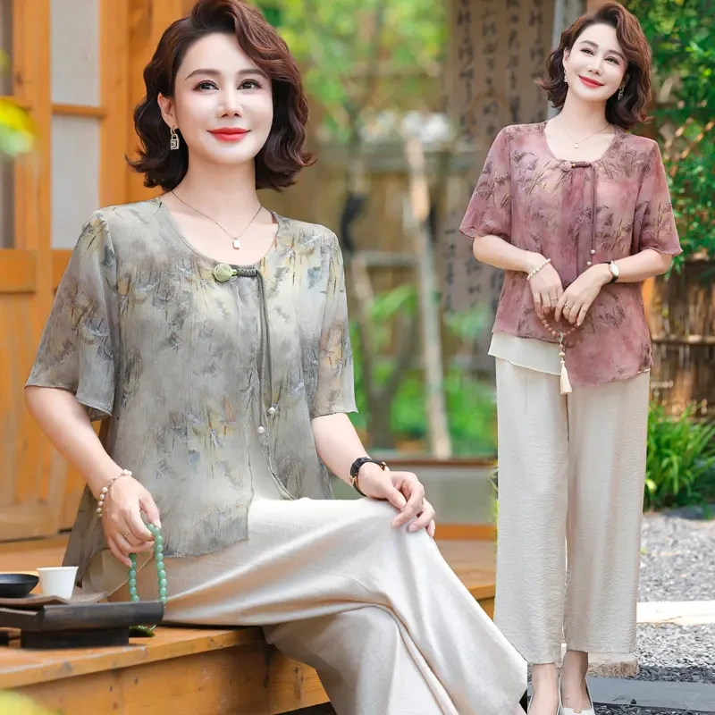 妈妈夏装短袖T恤洋气质宽松上衣服阔太太碎花套装中老年女装50岁