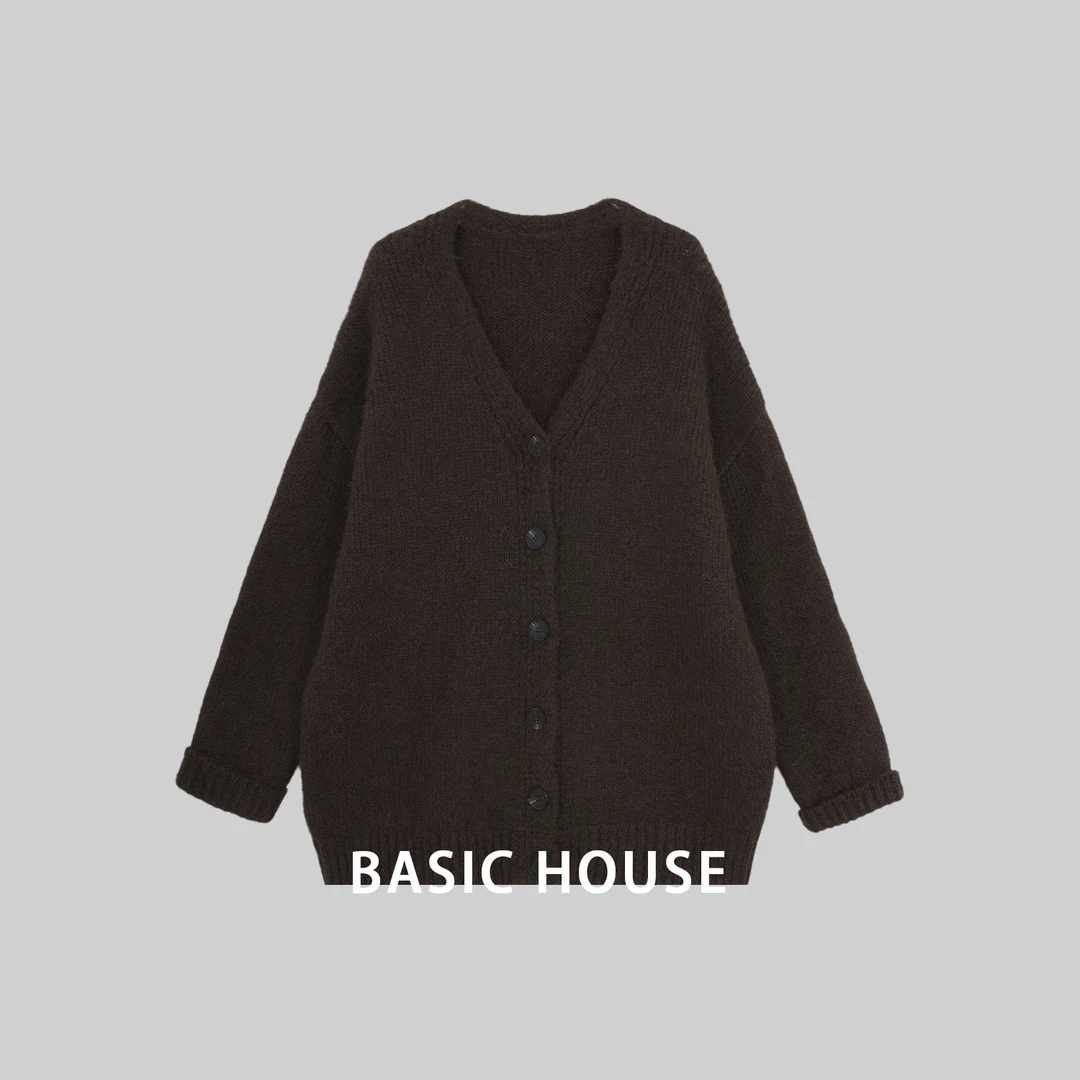 Basic House/百家好秋冬百搭时尚休闲宽松圆领女款针织开衫BS52