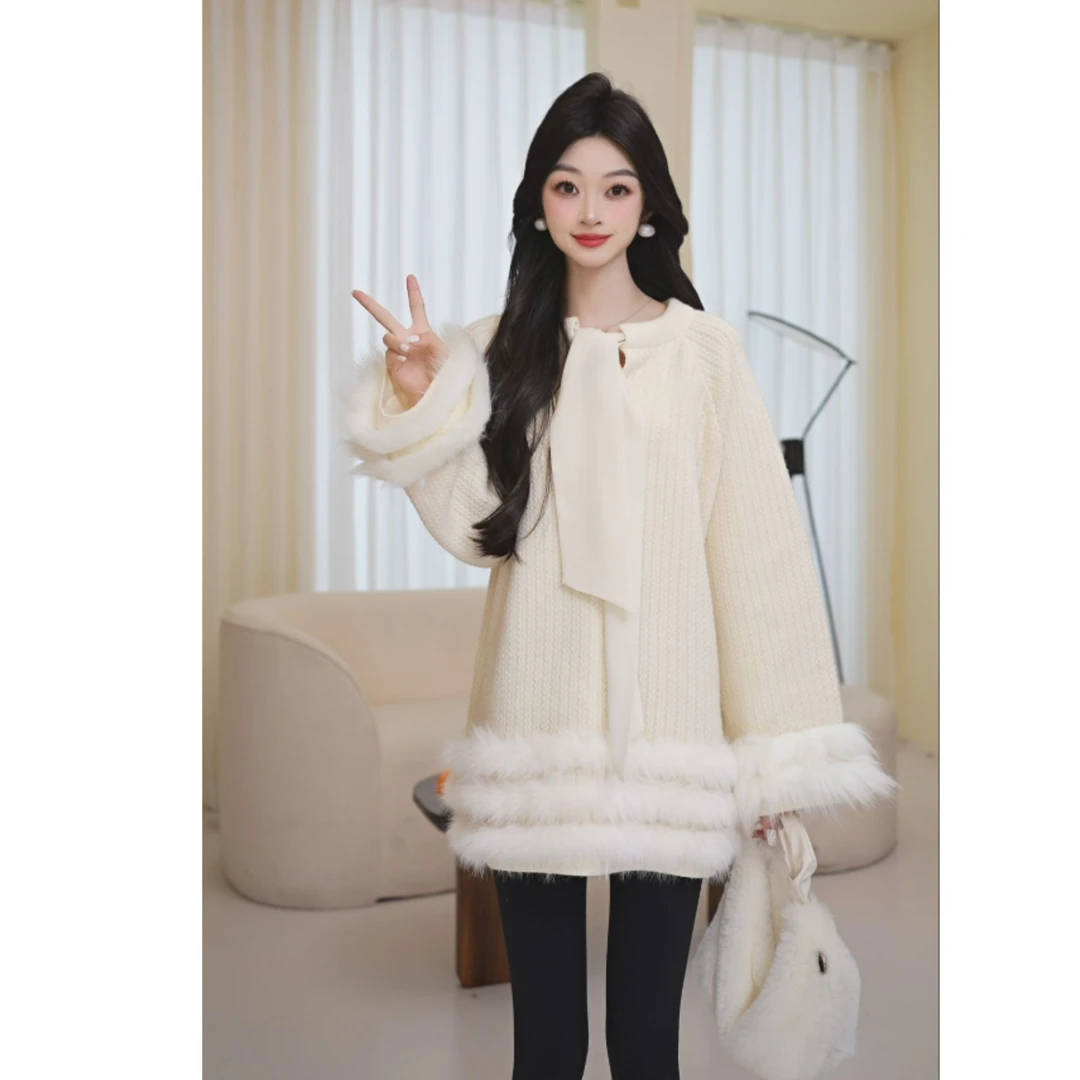 Basic House/百家好百家好小香风气质蕾丝时尚针织毛衣FQ42