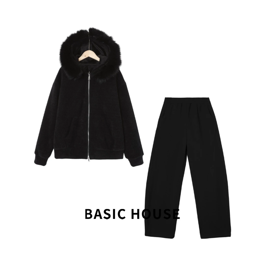 Basic House/百家好秋冬百搭休闲百搭慵懒风毛领套装清仓EV62-5