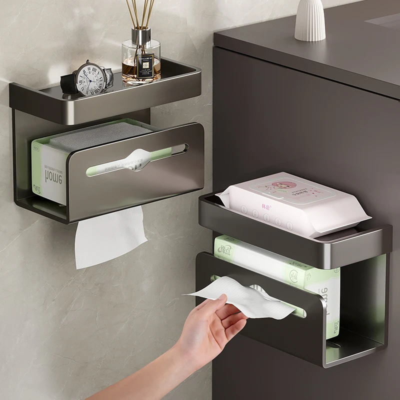 枪灰卫生间纸巾盒壁挂式厕所抽纸盒免打孔厕纸架洗手间卷纸置物架