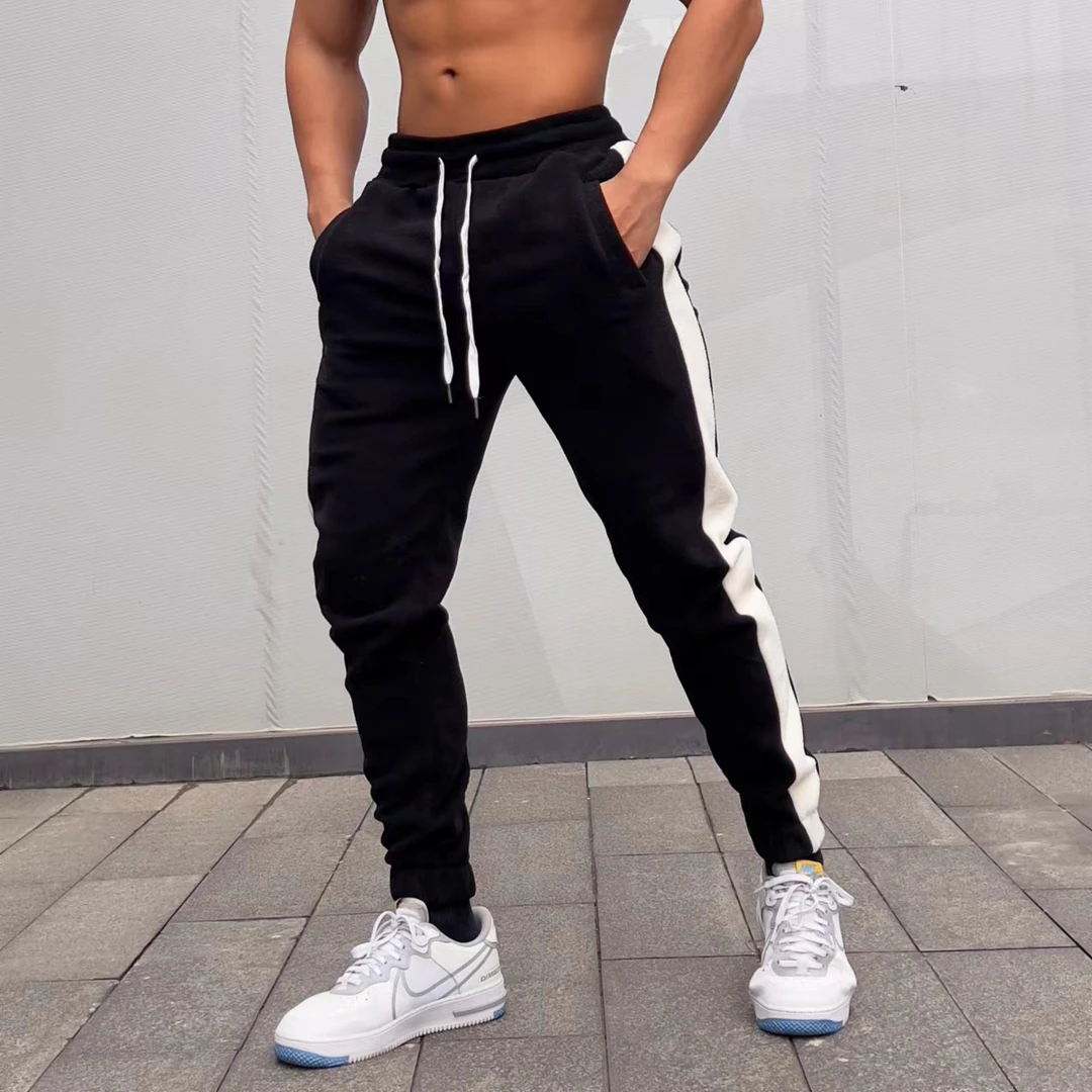 秋冬男士运动休闲跑步健身锻炼双面摇粒薄绒保暖拼条长裤束脚卫裤