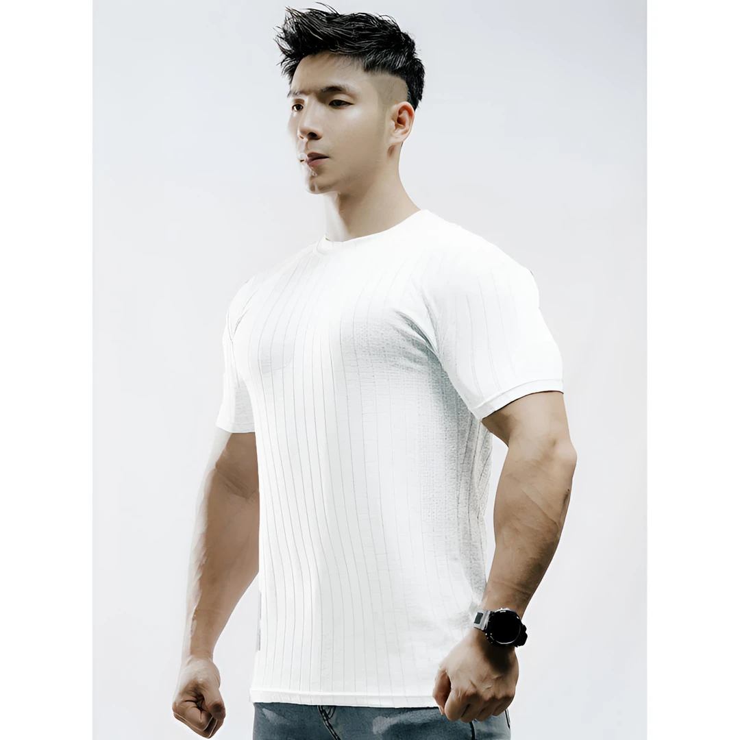 夏季男士新款运动休闲跑步健身修身弹力条纹速干纯色短袖圆领T恤