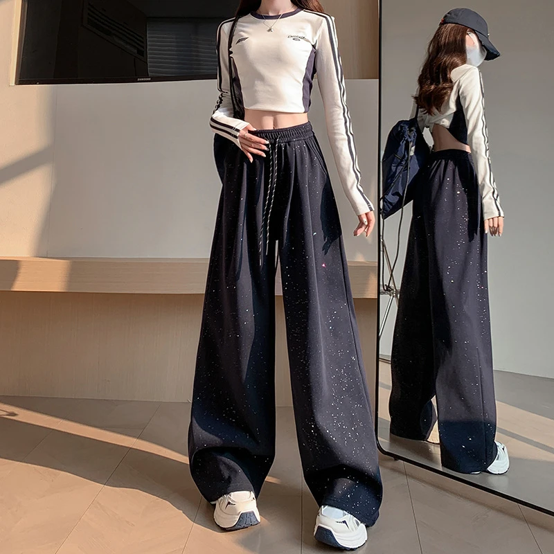 爆款红色满天星阔腿裤秋季新款休闲运动松紧高腰垂感窄版阔腿卫裤
