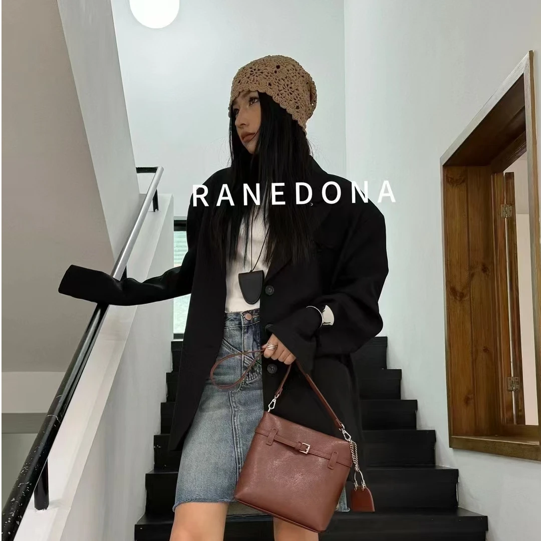 经典韩版气质复古女士单肩斜跨进口小牛皮水桶包