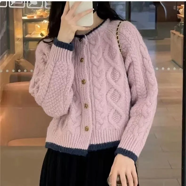 小个子韩国chic复古麻花毛衣外套女秋冬宽松短款针织开衫上衣