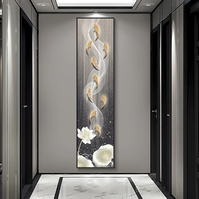 进门九鱼图窄长条玄关装饰画正对门竖版壁画入户走廊尽头过道挂画