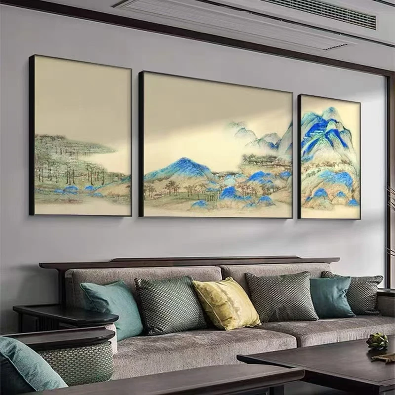 千里江山图装饰画客厅背景墙三联画新中式风格